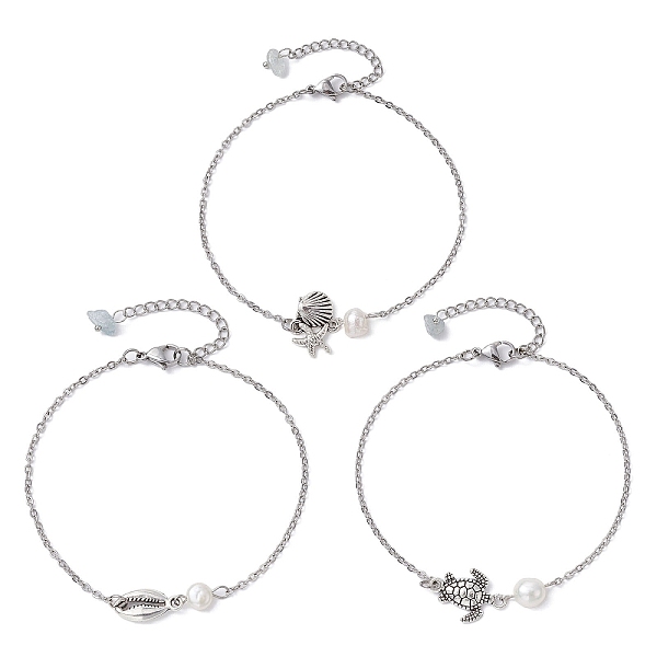 

PandaHall 3Pcs 3 Style Turtle & Shell & Starfish Alloy Link Anklets Set with 304 Stainless Steel Cable Chains, Natural Aquamarine Chips...
