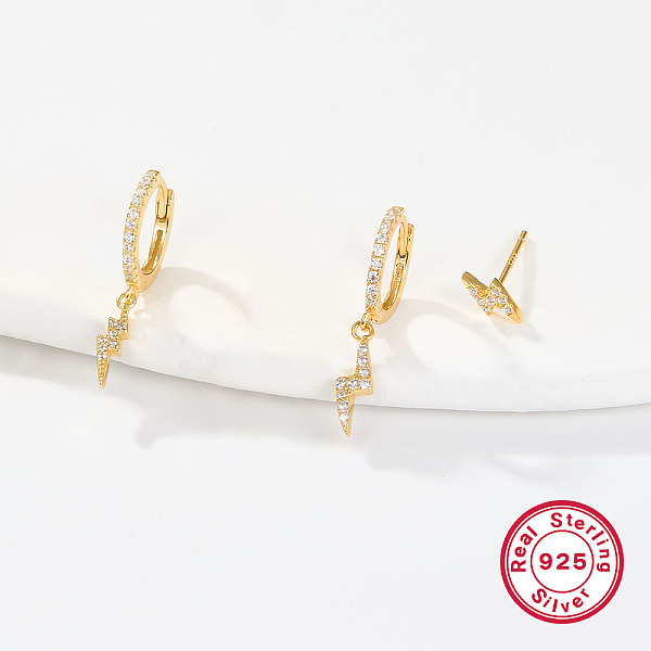 

PandaHall 3 Pair 3 Style Cubic Zirconia Lighting Dangle Hoop Earrings & Stud Earrings, 925 Sterling Silver Jewelry, Real 18K Gold Plated...