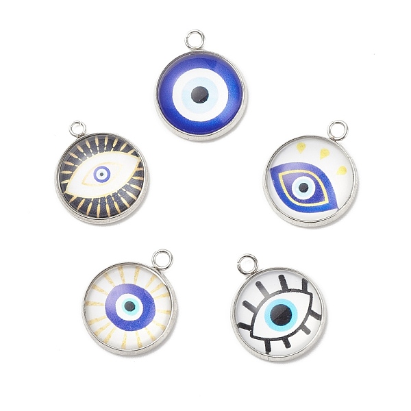 

PandaHall Luminous Glass Pendants, with 304 Stainless Steel Findings, Flat Round with Evil Eye Pattern, Stainless Steel Color, 18.5x15.5x5mm...
