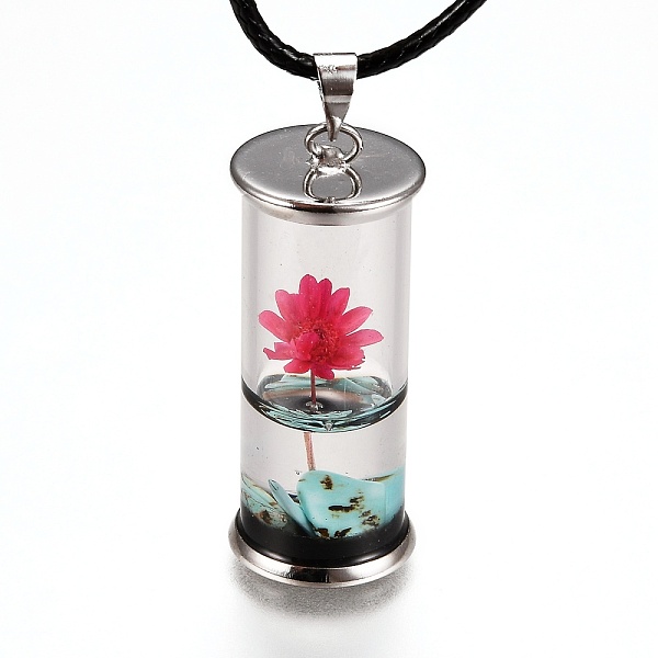 

PandaHall Glass Wishing Bottle Leather Cord Pendant Necklaces, with Dried Flower & Natural Gemstone Chip Beads Inside, Platinum, Red, 17-3/8...