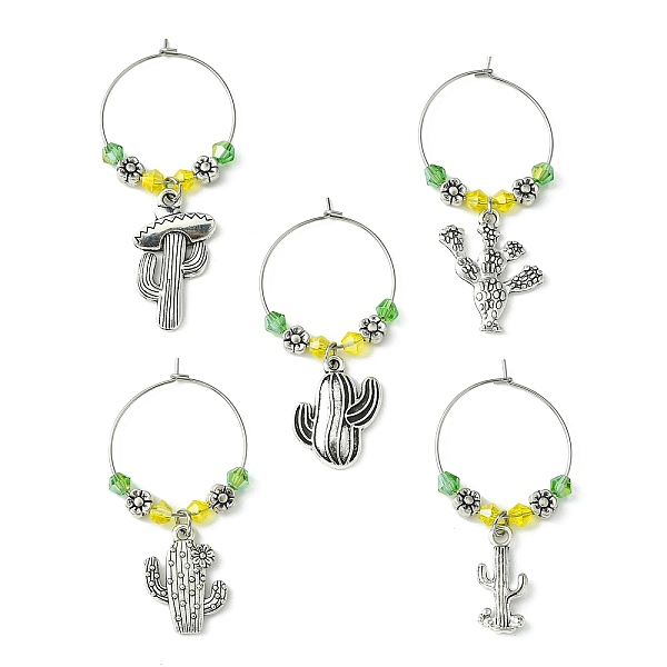 

PandaHall Tibetan Style Alloy Cactus Wine Glass Charms, with Glass Beads and Brass Wine Glass Charm Rings, Antique Silver, 50.5~57mm Alloy..., Yellow