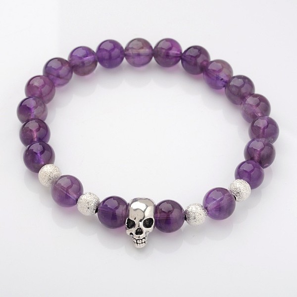 

PandaHall Unique Design Skull Natural Gemstone Beaded Stretch Bracelets, with Alloy Beads and Brass Textured Beads, Amethyst, 53mm Amethyst