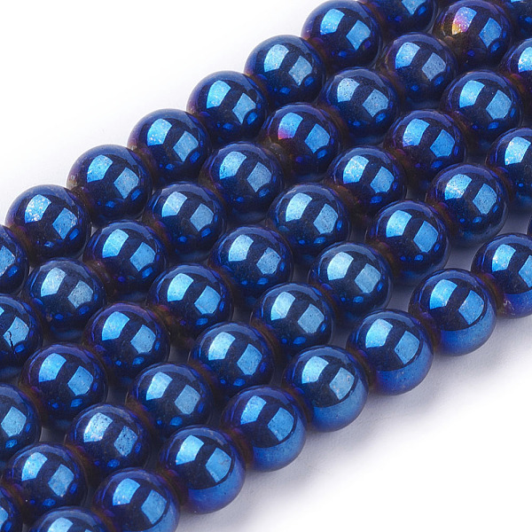 PandaHall Non-Magnetic Synthetic Hematite Beads Strands, Blue Plated, Round, Blue Plated, 8mm, hole: 1mm, 54pcs/strand, 16.07 inch...