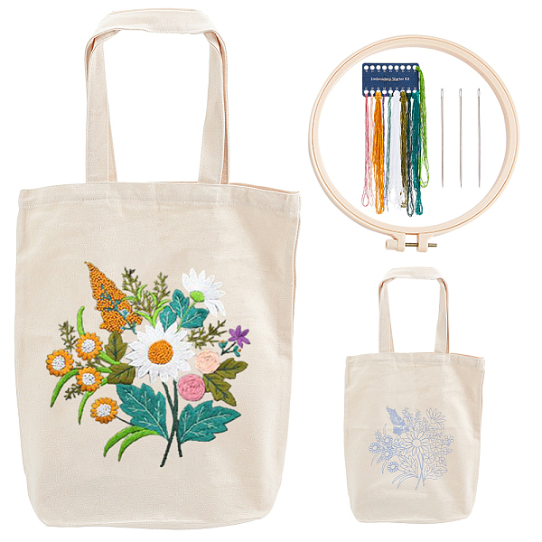

PandaHall DIY Flower Pattern Tote Bag Embroidery Making Kit, Including Embroidery Needles & Thread, Cotton Cloth Bag, Plastic Embroidery..., White