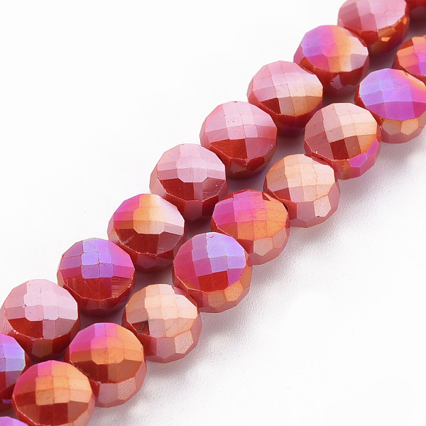 

PandaHall Opaque Electroplate Glass Beads Strands, AB Color Plated, Faceted, Flat Round, Cerise, 8x5mm, Hole: 1.5mm, about 72~73pcs/strand..., Red
