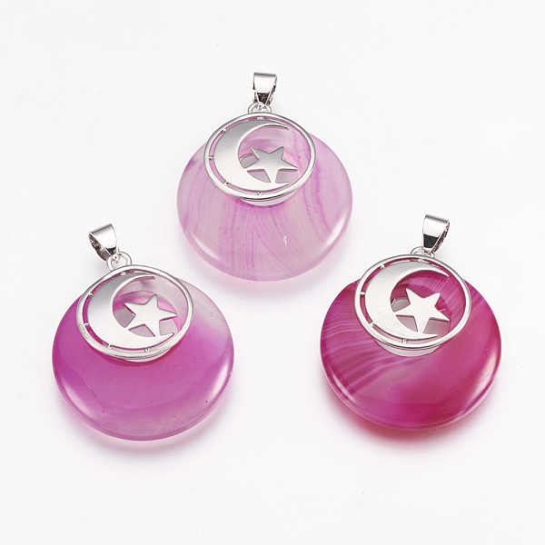 

PandaHall Natural Banded Agate Pendants, with Platinum Tone Brass Findings, Flat Round with Moon and Star, Dyed & Heated, 32x28x7mm, Hole..., Pink