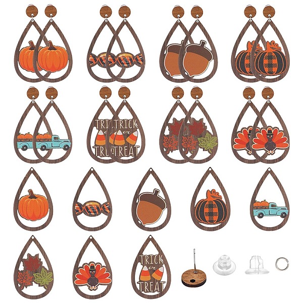 

PandaHall SUNNYCLUE 1 Box 8 Pairs Thanksgiving Dangle Making Starter Kit Thanksgiving Earrings Bulk Wood Teardrop Charms Wooden Fashion..., Multicolor