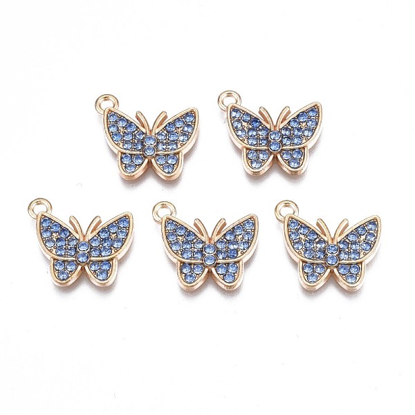 

PandaHall Alloy Pendants, with Rhinestone, Cadmium Free & Nickel Free & Lead Free, Light Gold, Butterfly, Sapphire, 15x17x3mm, Hole: 1.6mm..., Blue