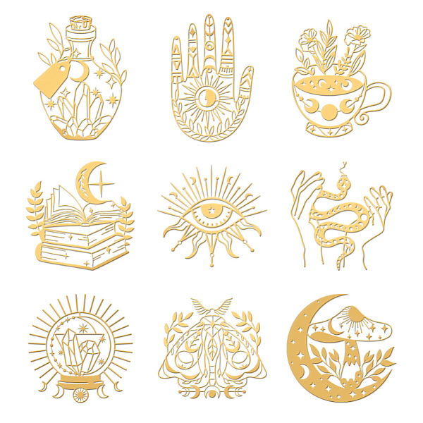 

PandaHall OLYCRAFT 9pcs 1.6x1.6 Inch Bohemian Witchcraft Metal Stickers Evil Eye Pattern Self Adhesive Gold Stickers Boho Theme Metal Gold...