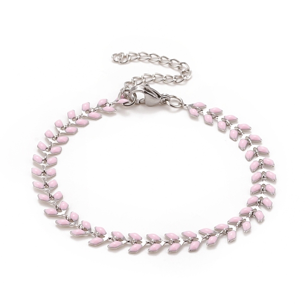 

PandaHall Enamel Wheat Link Chains Bracelet, 304 Stainless Steel Jewelry for Women, Stainless Steel Color, Pink, 6-7/8 inch(17.5cm) 304...