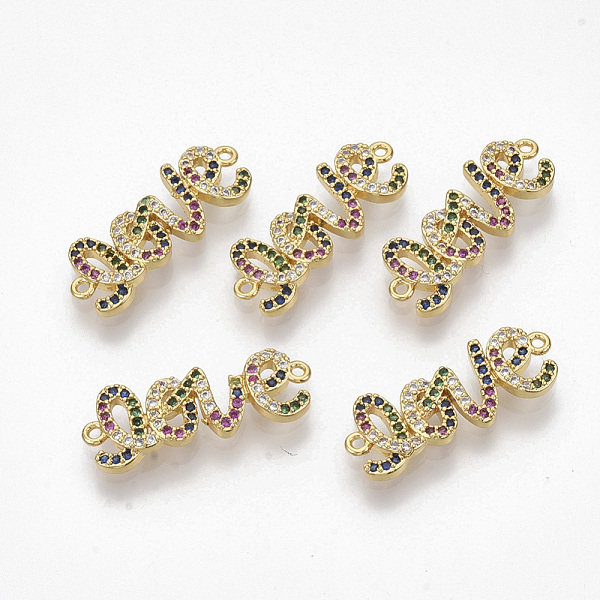 

PandaHall Brass Micro Pave Cubic Zirconia Links connectors, Word LOVE, Colorful, for Valentine's Day, Golden, 9.5x25x3.5mm, Hole: 1mm...