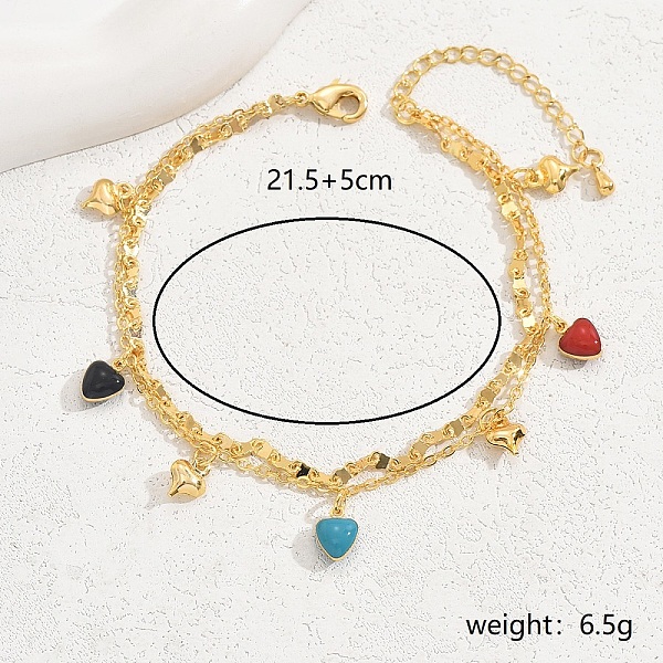 

PandaHall Brass Heart Charm Anklets, Double Layer Anklets for Women Brass