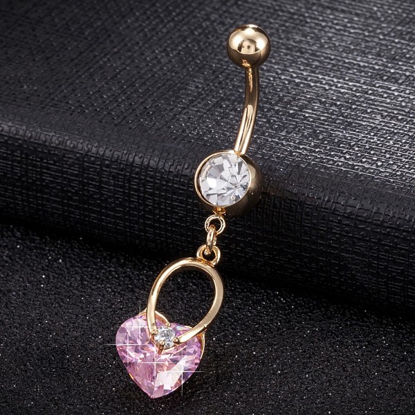 

PandaHall Piercing Jewelry, Brass Cubic Zirconia Navel Ring, Belly Rings, with 304 Stainless Steel Bar, Cadmium Free & Lead Free, Real 18K..., Pink
