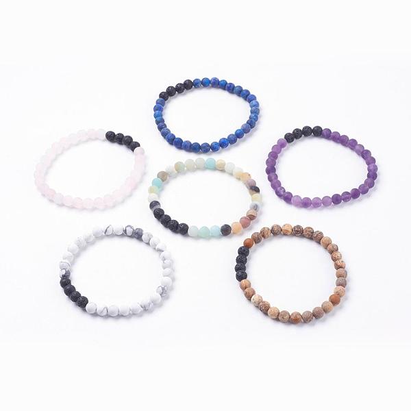 

PandaHall Frosted Natural Gemstone Stretch Bracelets, with Natural Lava Rock Beads, 2-1/8 inch(55mm), 6strands/set Mixed Stone
