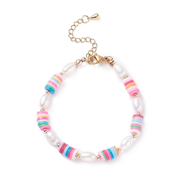 

PandaHall Natural Pearl & Polymer Clay Beaded Bracelet, Preppy Bracelet for Women, Colorful, 7-1/2 inch(19cm) Shell Pearl