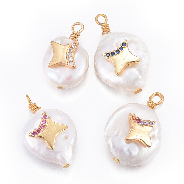 

PandaHall Natural Cultured Freshwater Pearl Pendants, with Brass Cubic Zirconia Findings, Nuggets with Star, Golden, Mixed Color..., Multicolor
