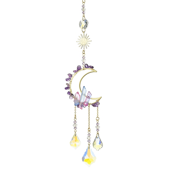 

PandaHall Natural Amethyst & Glass Pendants Decoration, with 304 Stainless Steel Split Rings, Moon & Sun, 300mm Amethyst