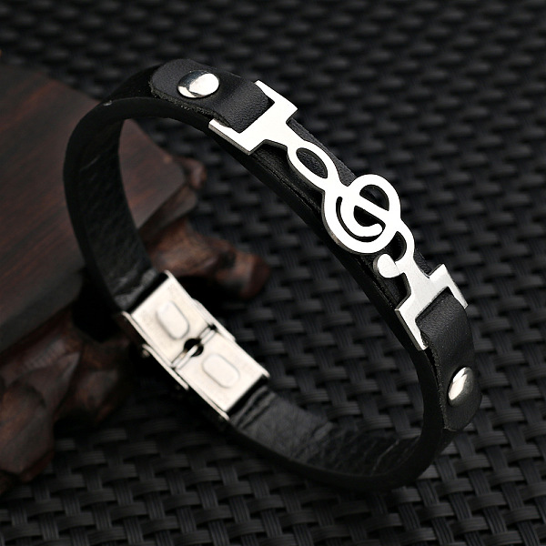 

PandaHall 304 Stainless Steel Musical Note Link Bracelet, Leather Cord Wristband for Men Women, Black, 8-1/4 inch(21cm) Leather Black