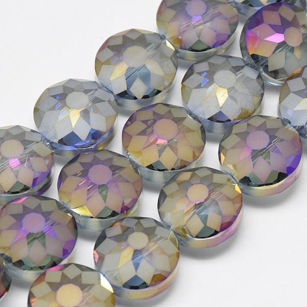 

PandaHall Electroplate Glass Beads Strands, Frosted, Rainbow Plated, Faceted, Flat Round, Light Steel Blue, 12x8~9mm, Hole: 1mm, about...
