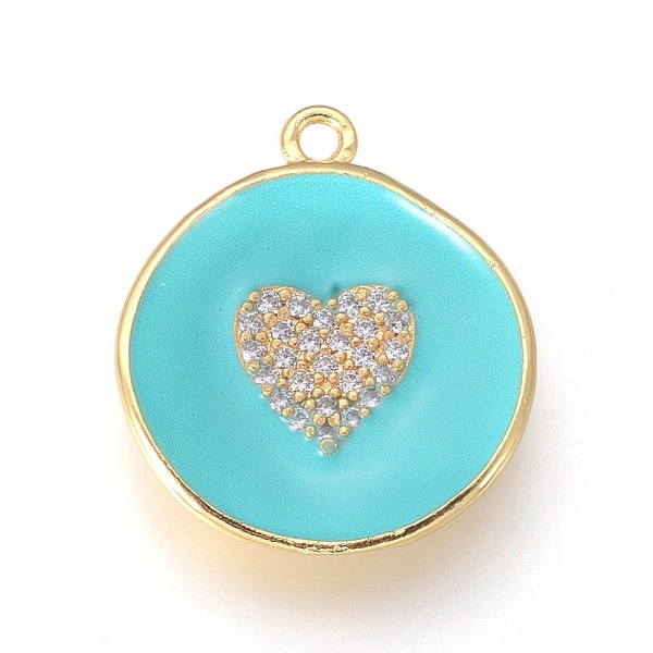PandaHall Golden Plated Brass Micro Pave Cubic Zirconia Pendants, with Enamel, Long-Lasting Plated, Flat Round with Heart, Cyan, 23x20x3mm...