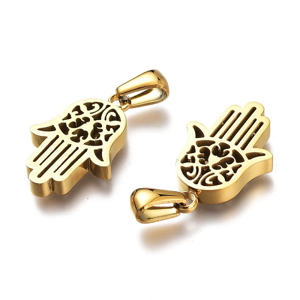 

PandaHall Ion Plating(IP) 304 Stainless Steel Pendants, Manual Polishing, Hamsa Hand/Hand of Fatima/Hand of Miriam, Golden, 21.5x14x3mm...