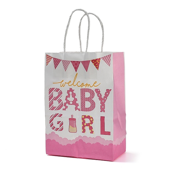 女の子のベビーシャワー用、持ち手付きのプリント入り紙製ギフトバッグ