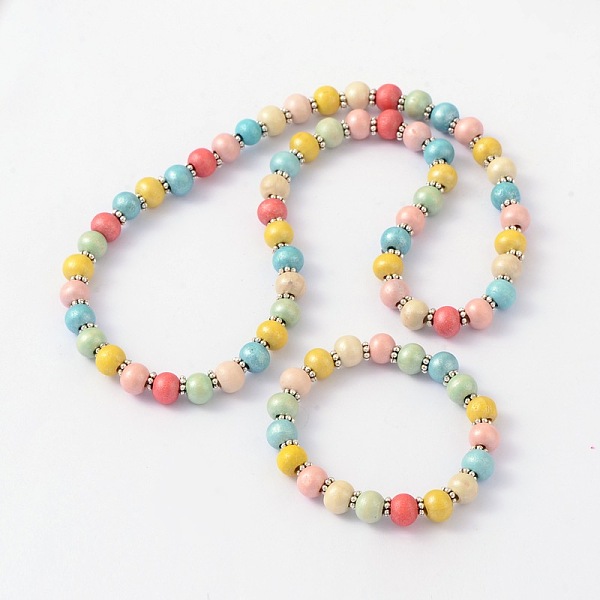 

PandaHall Children's Day Gift Dyed Drum Wood Beaded Kids Necklaces & Stretch Bracelets Jewelry Sets, with Tibetan Style Alloy Beads...