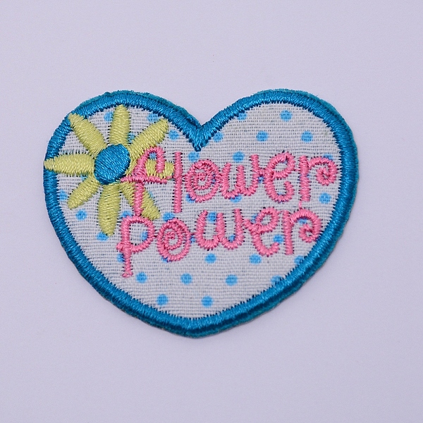 

PandaHall Computerized Embroidery Cloth Iron on/Sew on Patches, Costume Accessories, Appliques, Heart with Word Flower Power, Cyan...