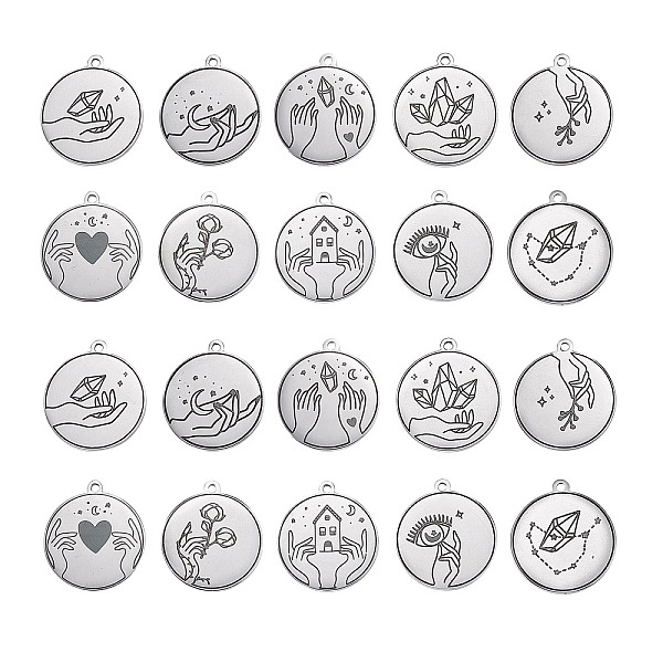 

PandaHall 10Pcs 10 Styles 304 Stainless Steel Pendants, Flat Round with Hand, Stainless Steel Color, 28x25x1.4mm, Hole: 2mm, 1pc/style 304...