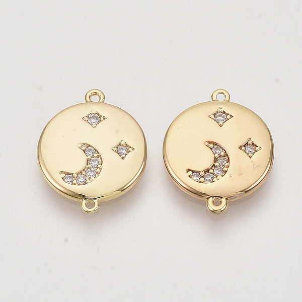 

PandaHall Brass Cubic Zirconia Links connectors, Real 18K Gold Plated, Flat Round with Moon & Star, Clear, Nickel Free, 16.5x13x2mm, Hole...