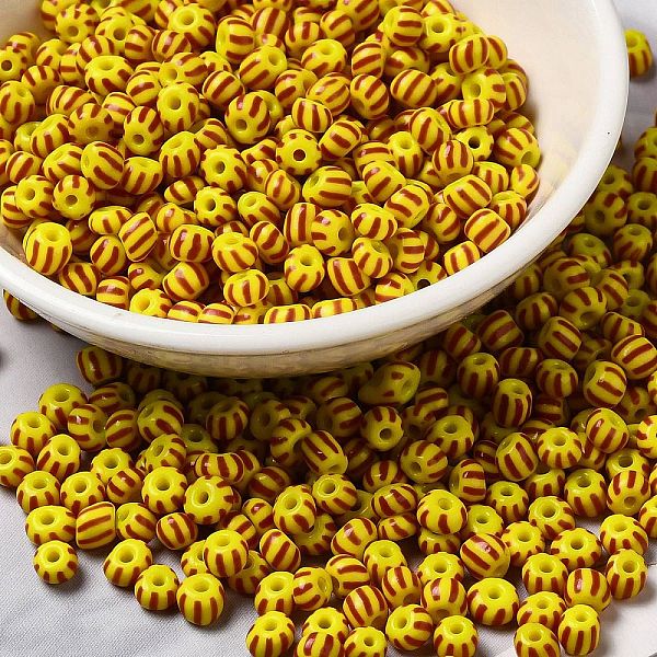 

PandaHall 8/0 Opaque Colours Seep Glass Seed Beads, Round Hole, Round with Stripe Pattern, Gold, 3~3.5x2~3mm, Hole: 1mm, about 450g/bag...