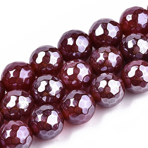 

PandaHall Electroplate Natural Agate Beads Strands, Dyed, Faceted, Pearl Luster Plated, Round, Dark Red, 10.5mm, Hole: 1.2mm, about...