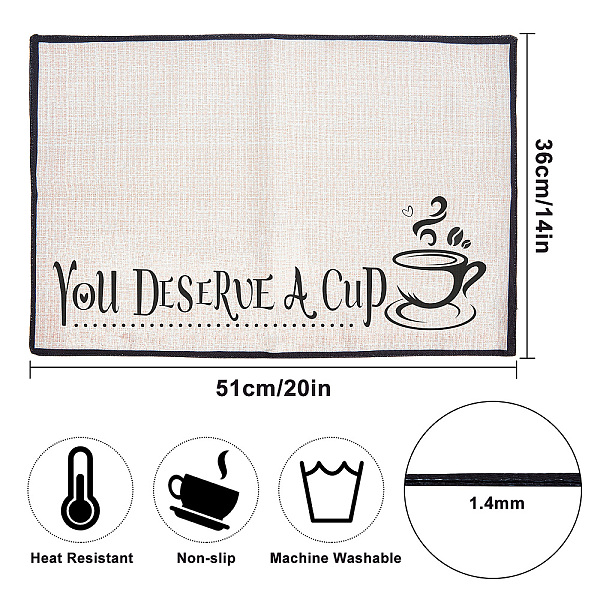 

PandaHall Coffee Theme Cotton and Linen Cup Mats, Daily Supplies, Rectangle with Word, Cup Pattern, 350x500mm Cotton Tableware