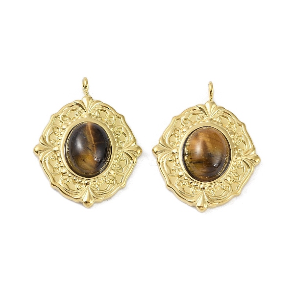 

PandaHall Natural Tiger Eye Pendants, Ion Plating(IP) 304 Stainless Steel Oval Charms, Real 18K Gold Plated, 25x20x6mm, Hole: 2.5mm Tiger...