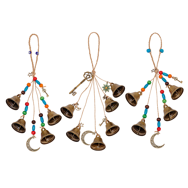 PandaHall Iron Bell Pendant Decorations, with Wood Beads and Jute Cord, Witch Bell for Door Knob, Wind Chimes, Moon & Key, Antique Bronze...