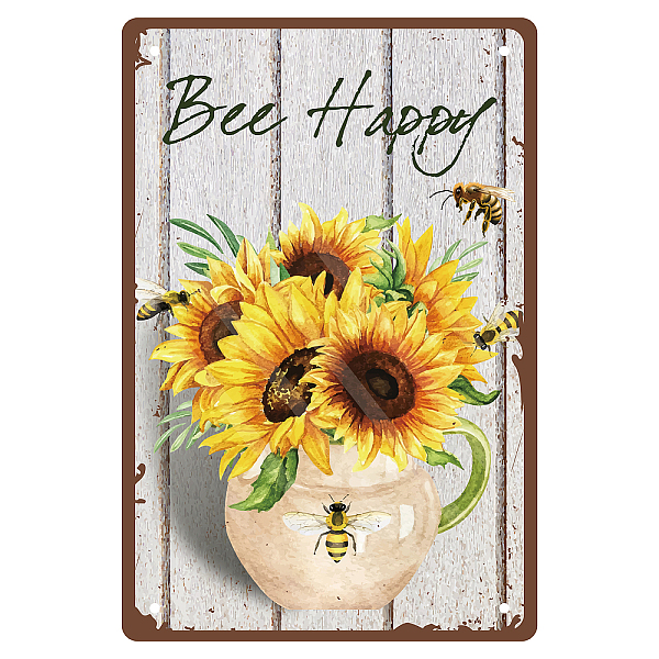 PandaHall CREATCABIN Bee Happy Metal Tin Sign Sunflower Flower Vase Metal Wall Decor Art Poster Vintage Iron Painting Retro Plaque for Home...