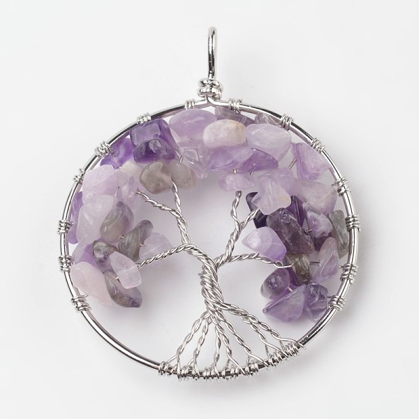 

PandaHall Tree of Life Natural Amethyst Big Pendants, with Brass Findings, Platinum, 63~65x49~51x8~10mm, Hole: 8~10mm Amethyst Tree