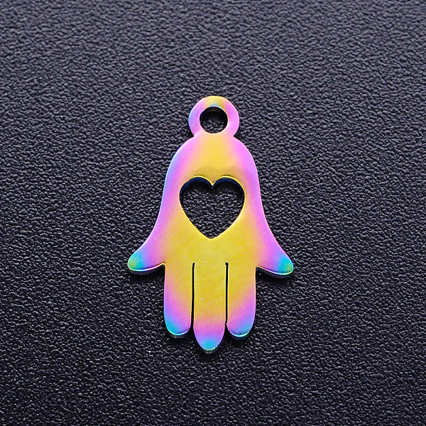 

PandaHall Ion Plating(IP) 304 Stainless Steel Charms, Hamsa Hand/Hand of Miriam with Heart, Rainbow Color, 15x9.5x1mm, Hole: 1.5mm 304...