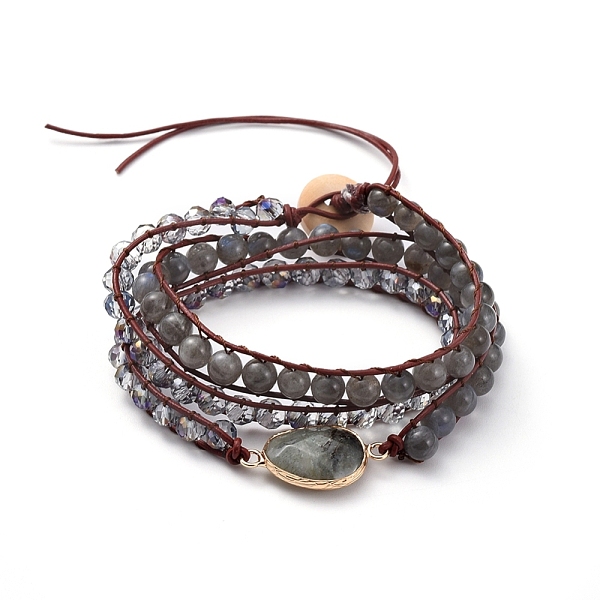 

PandaHall Faceted Glass & Natural Labradorite Beaded Wrap Bracelets, with Cowhide Leather Cord and Burlap, Teardrop, 570x7mm Labradorite