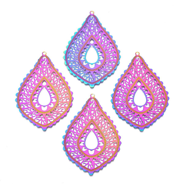 

PandaHall Ion Plating(IP) 304 Stainless Steel Filigree Big Pendants, Etched Metal Embellishments, Teardrop, Rainbow Color, 55x38.5x0.4mm...