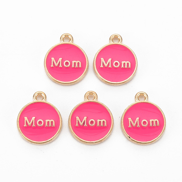 

PandaHall Alloy Enamel Charms, Cadmium Free & Lead Free, Light Gold, Flat Round with Mom, Deep Pink, 14.5x12x2mm, Hole: 1.4mm Alloy+Enamel...
