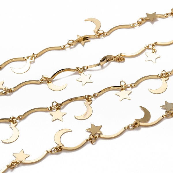 

PandaHall Brass Bar Link Chains, with Charms and Spool, Long-lasting Plated, Soldered, Star & Moon, Golden, Bar Link: 15x2x1mm, Star...