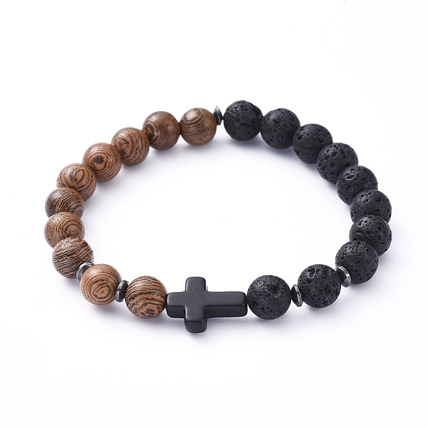 

PandaHall Natural Wood Beads Stretch Bracelets, with Natural Lava Rock Beads, Non-Magnetic Synthetic Hematite Beads and Cross Synthetic...