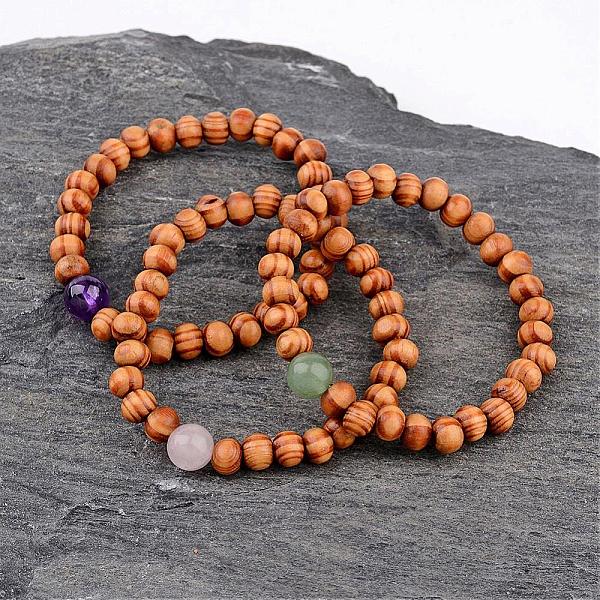 

PandaHall Round Wood Beaded Stretch Bracelets, with Natural Gemstone Round Beads, 46mm Wood