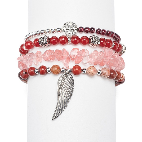 

PandaHall 4Pcs 4 Style Natural Mixed Gemstone Beaded Stretch Bracelets Set, Alloy Saint Benedict Medal & Wing Charms Stackable Bracelets for..., Multicolor