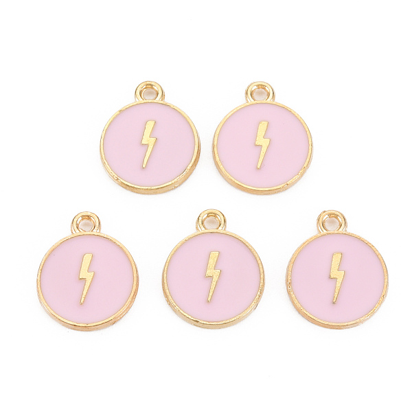 

PandaHall Alloy Enamel Pendants, Cadmium Free & Lead Free, Light Gold, Flat Round with Lightning, Pink, 16x13x2mm, Hole: 1.6mm Alloy+Enamel...