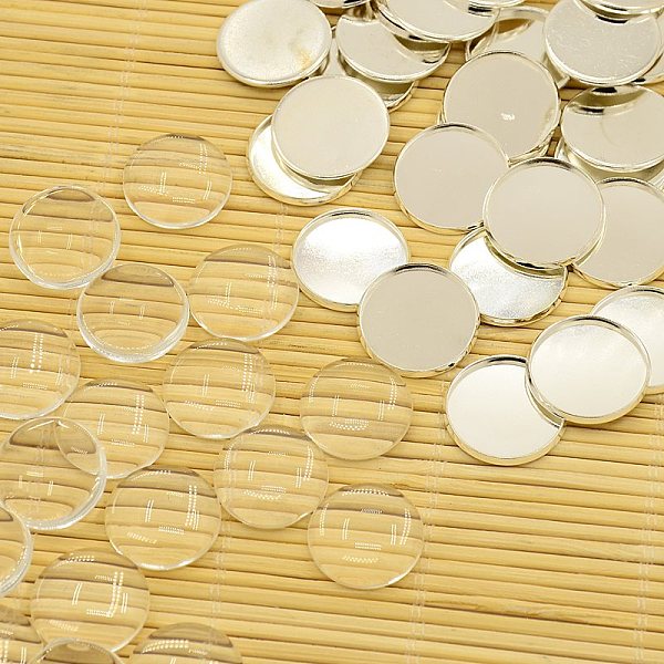 

PandaHall Brass Cabochons Settings and Flat Round Transparent Clear Glass Cabochons, Cadmium Free & Lead Free, Silver Color Plated, Tray...