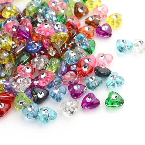 

PandaHall Plating Transparent Acrylic Beads, Silver Metal Enlaced, Heart, Mixed Color, 8x8x4.5mm, Hole: 1mm Acrylic Heart Multicolor