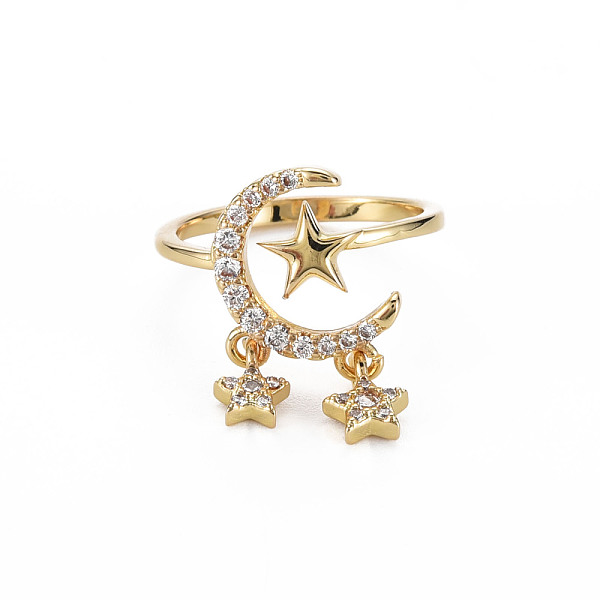 

PandaHall Clear Cubic Zirconia Moon & Star Cuff Ring, Brass Drop Charm Open Ring for Women, Nickel Free, Real 18K Gold Plated, US Size 6 1/4...