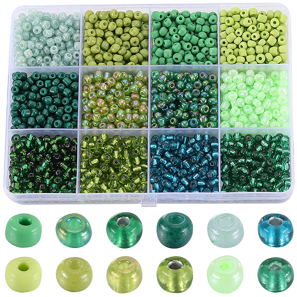 SUNNYCLUE 156G 12 Style Glass Seed Beads, Mixed Style, Round, Green, 4-5x3-4mm, Hole: 1-2mm, 13g/style